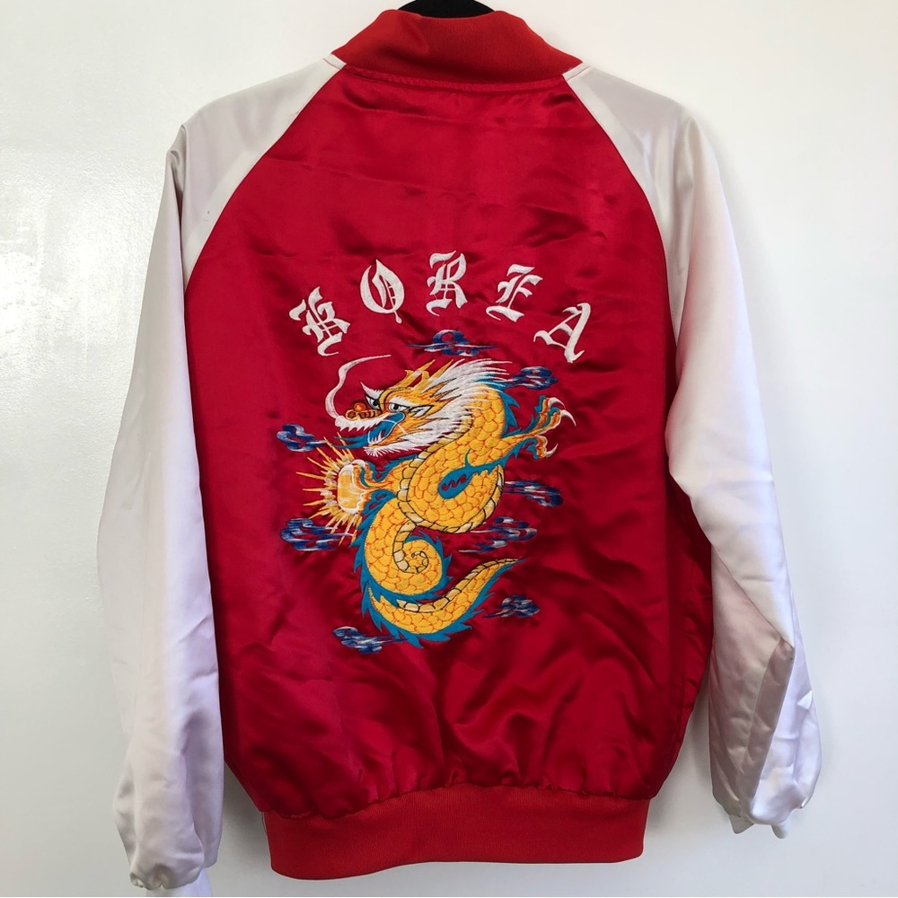 Vintage Korea Satin Bomber Dragon Jacket Embroidery Red Zip Up about mens small